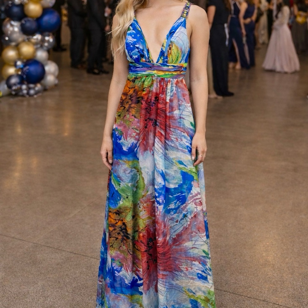 Morrell Maxie silk floral watercolor jewel criss cross back formal Prom Dress 4